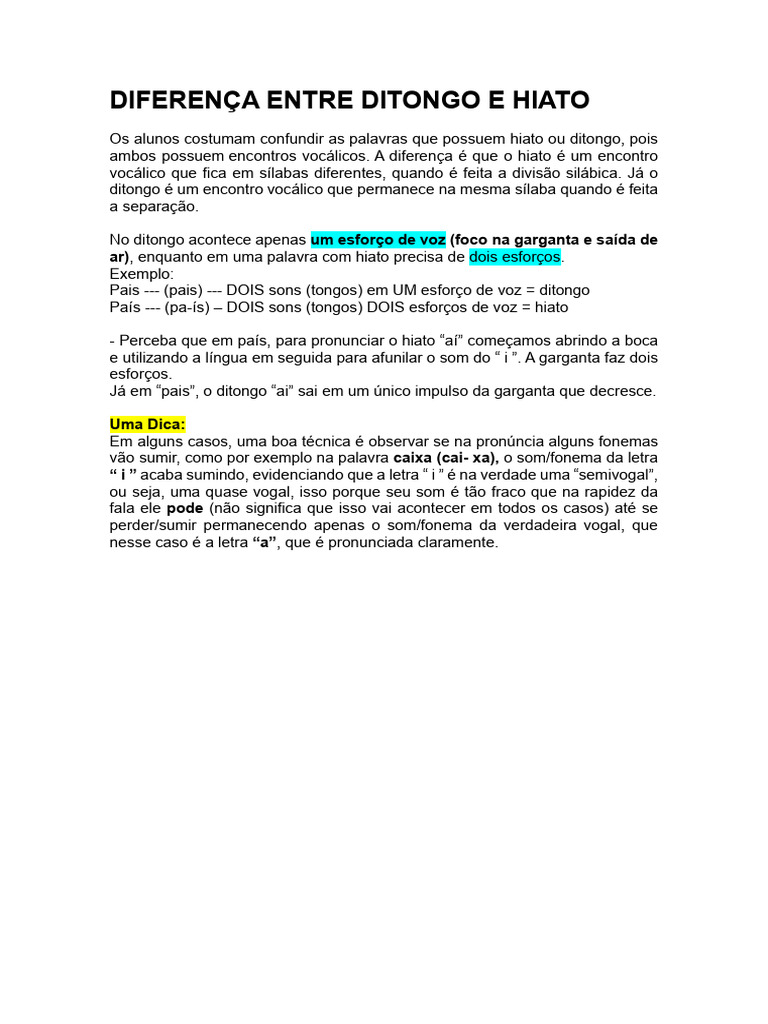 Diferença entre Ditongo e Hiato | PDF