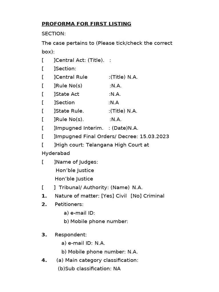 First Listing Proforma for Telangana HC | PDF