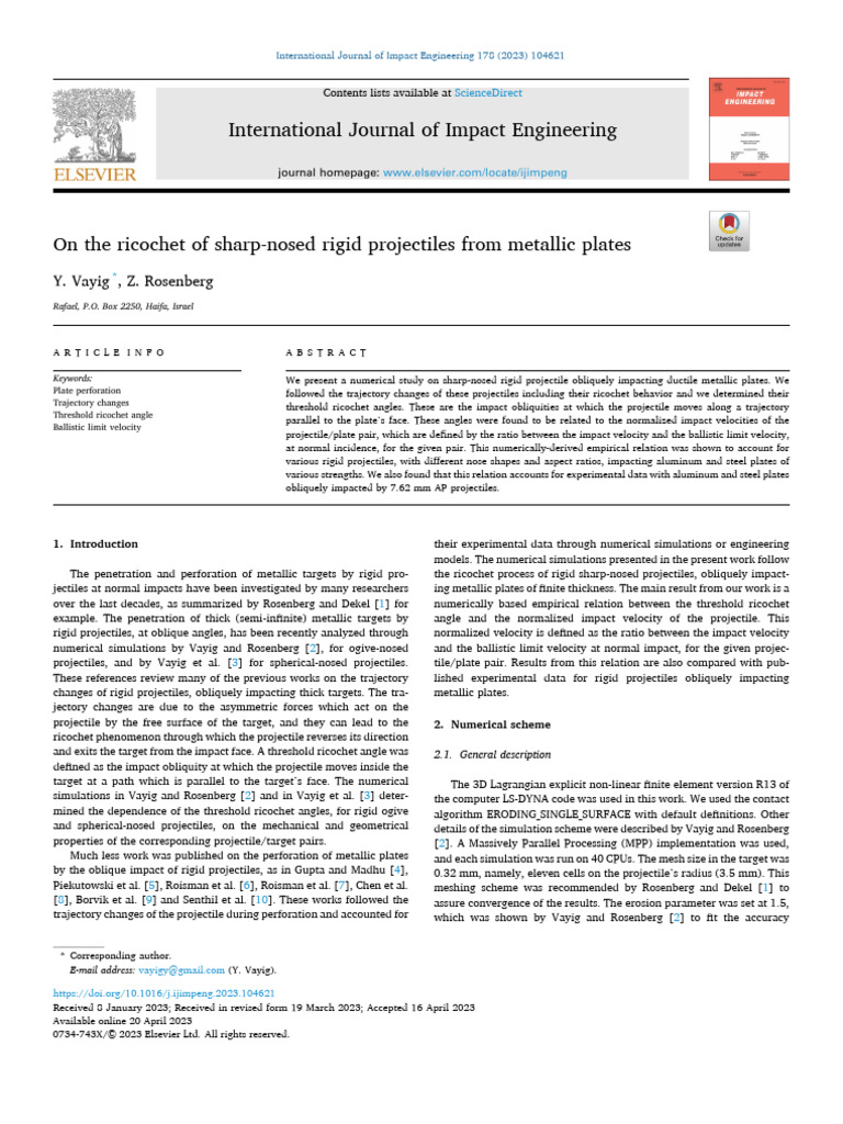 Vayig Y 2023 - On The Ricochet of Sharp-Nosed Rigid Projectiles From ...