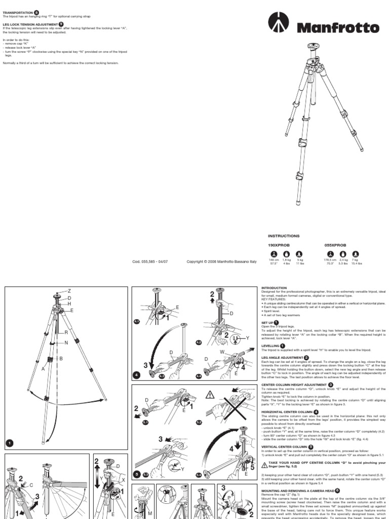 Manfrotto Tripod 190 Xprob User's Manual PDF Tripod (Photography