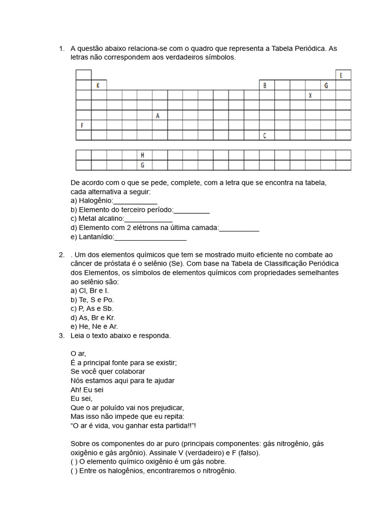 Questões sobre Tabela Periódica e Elementos | PDF | Tabela periódica ...