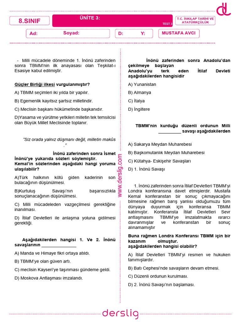 Milli Bir Destan Ya Istiklal Ya Olum Test 3 | PDF