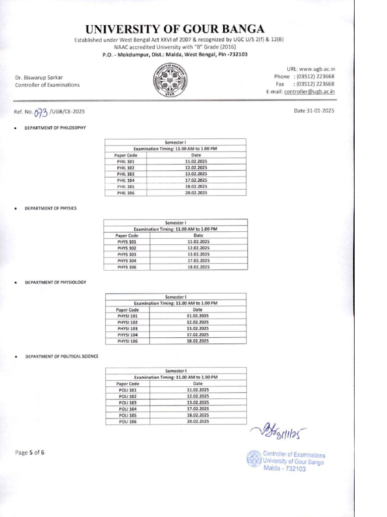 Tentative Schedule For PG Semes | PDF