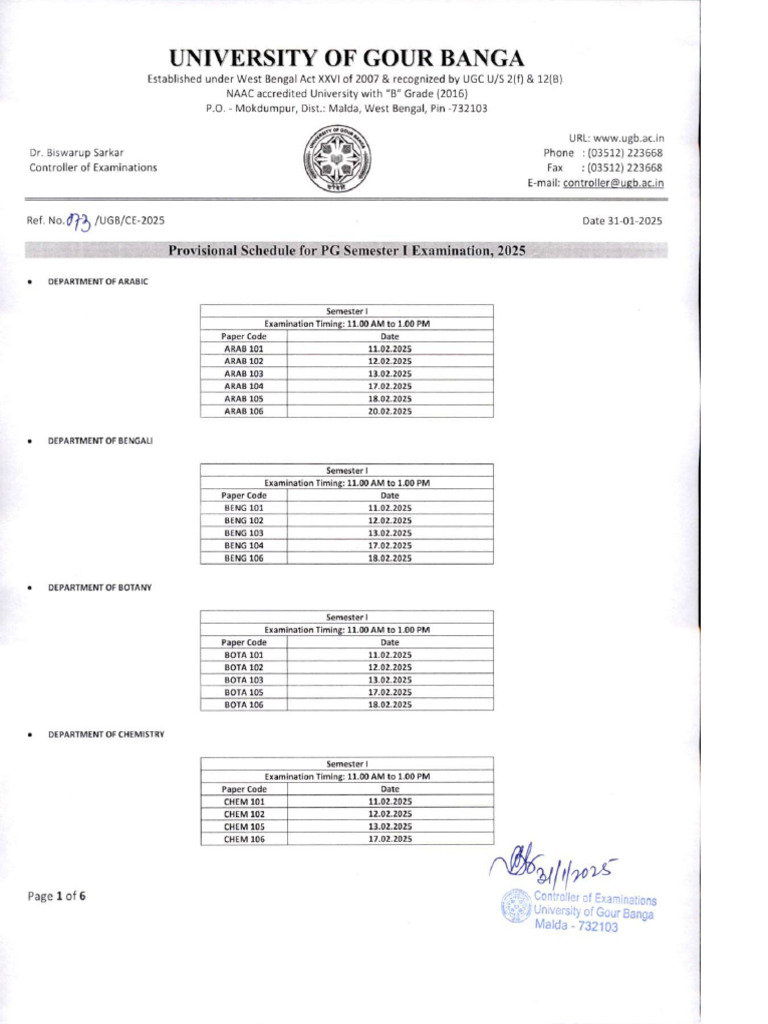 Tentative Schedule For PG Semester I Examinations 2025 | PDF