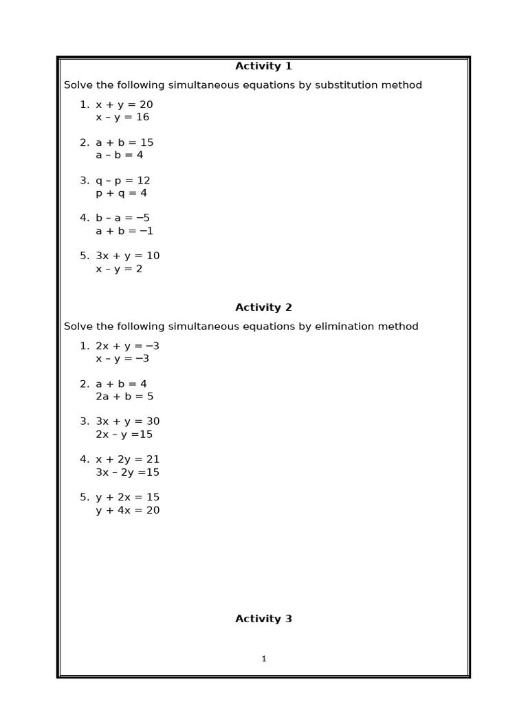 Simultaneous Equations Activities | PDF