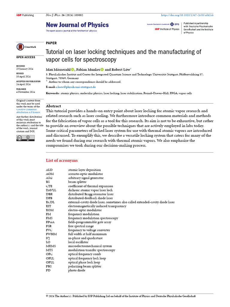 Tutorial On Laser Locking Techniques And The Manuf Pdf Laser