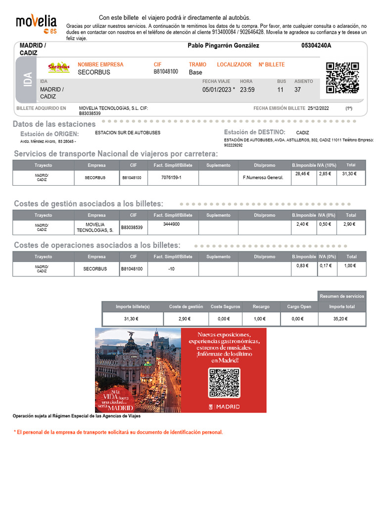 Billete de autobús Madrid-Cádiz | PDF | Transporte | Servicios públicos