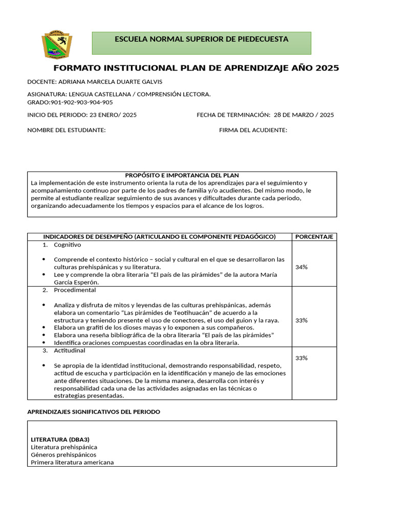 Plan de Aprendizaje 9° 2025 | PDF | Comprensión lectora | Ciencia cognitiva