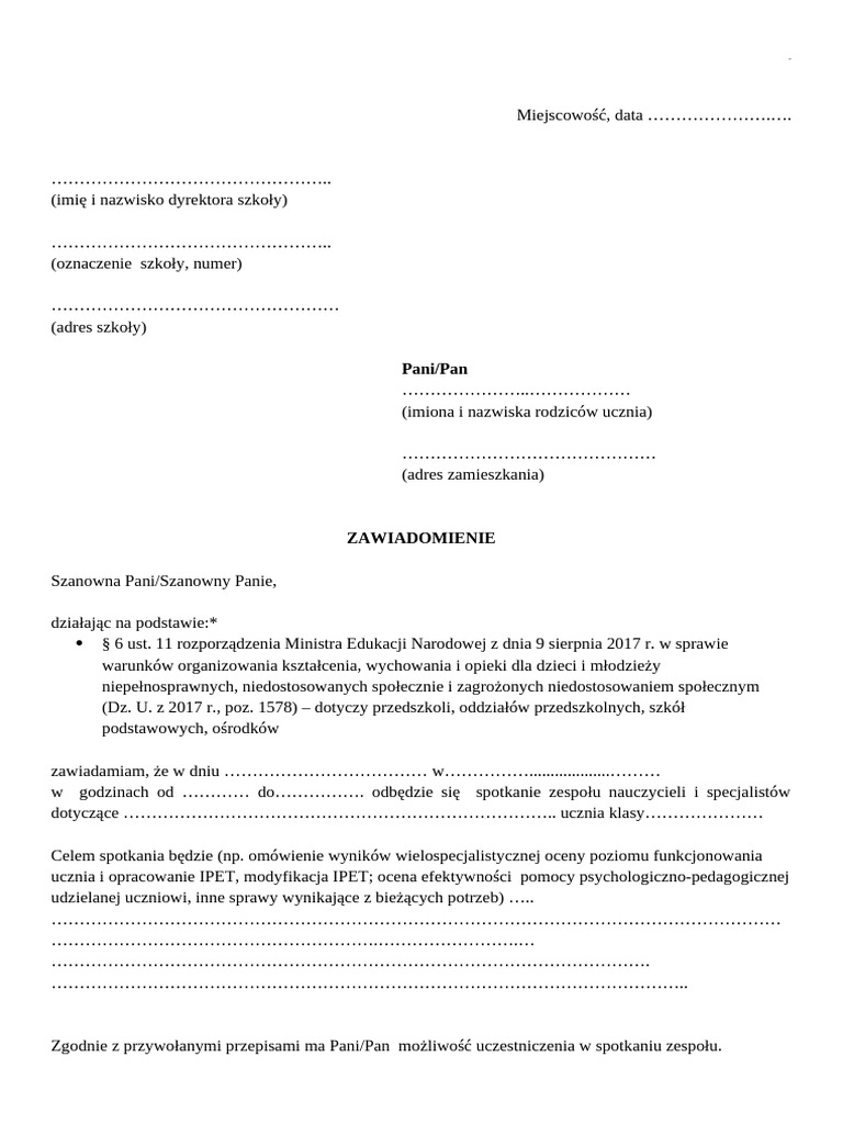 Wzor Pisma Zawiadamiajacegorodzicow Ucznia o Terminie Spotkania Zespolu ...
