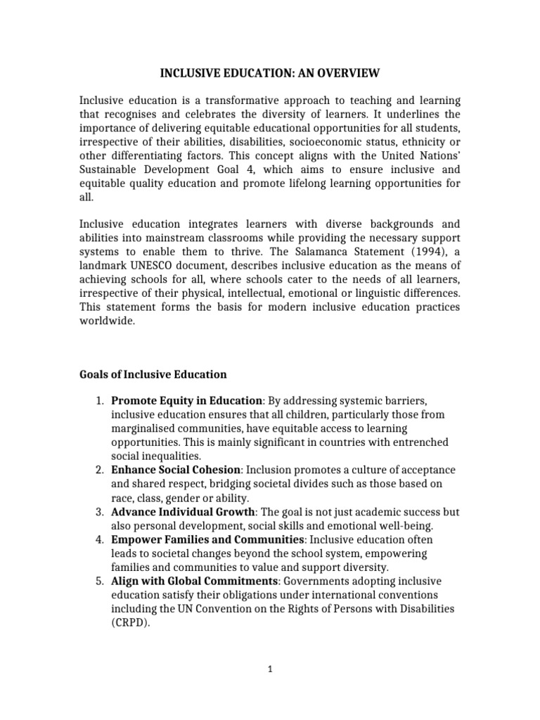 Inclusive Education, Overview | PDF | Inclusion (Education) | Social Policy