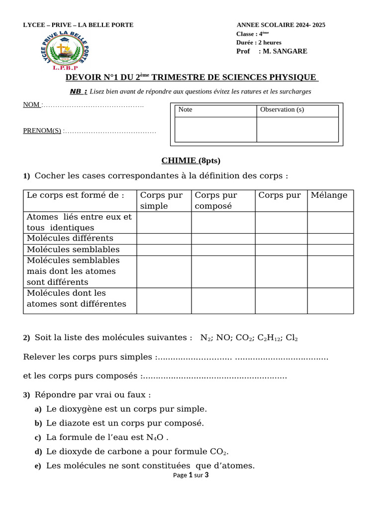 Devoir de Sciences Physiques 4ème 2024-2025 | PDF | Molécules | Température