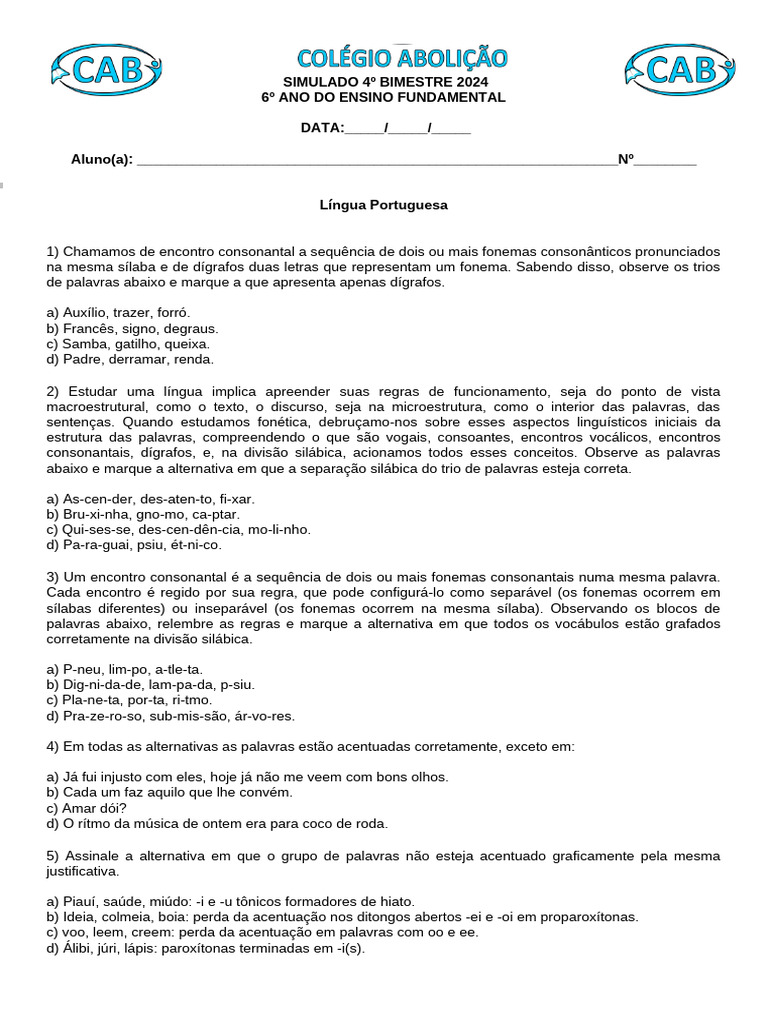 Simulado de Língua Portuguesa 6º Ano | PDF | Sílaba | Fonema