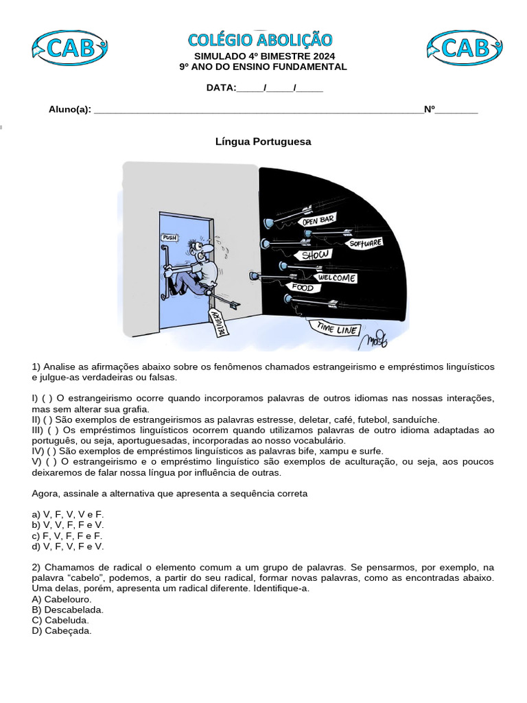 Exercícios sobre Estrangeirismo 9º Ano | PDF | Palavra | Vogal