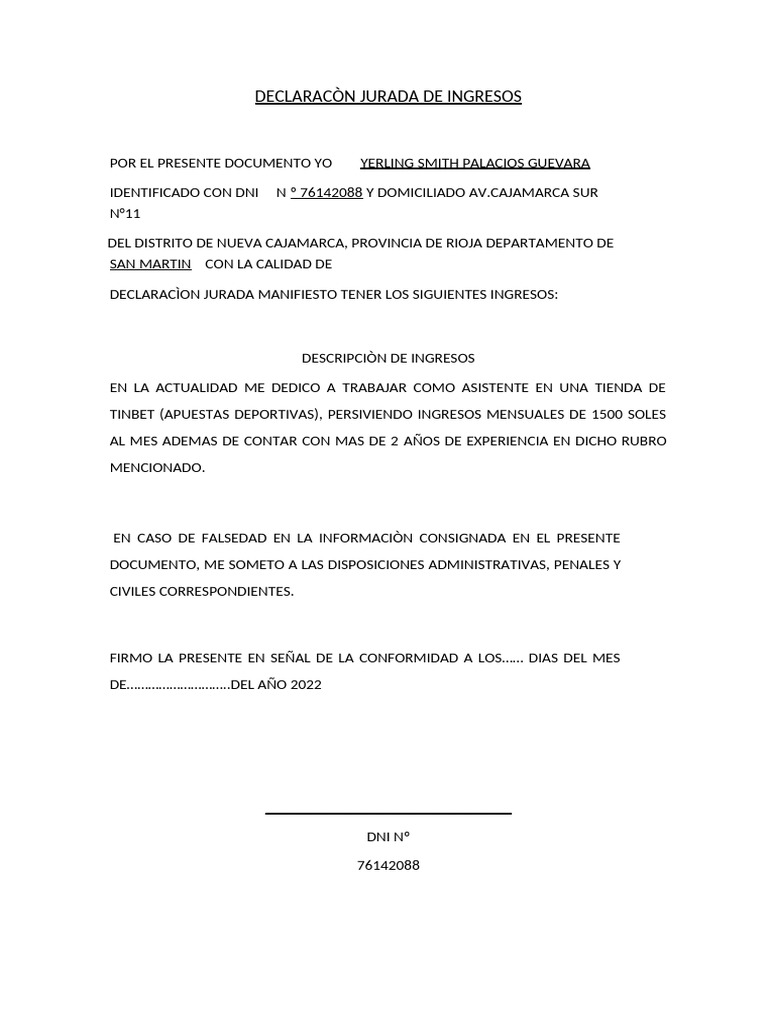Declaración Jurada de Ingresos 2022 | PDF