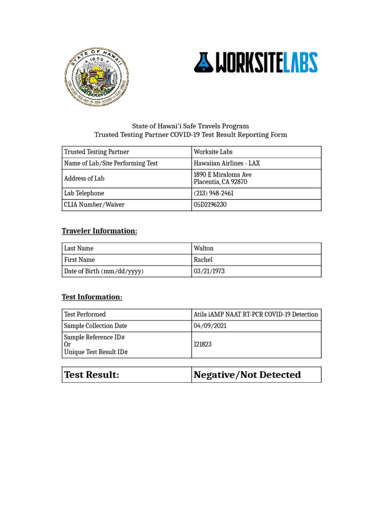 Hawai'i Safe Travels COVID-19 Test Form | PDF