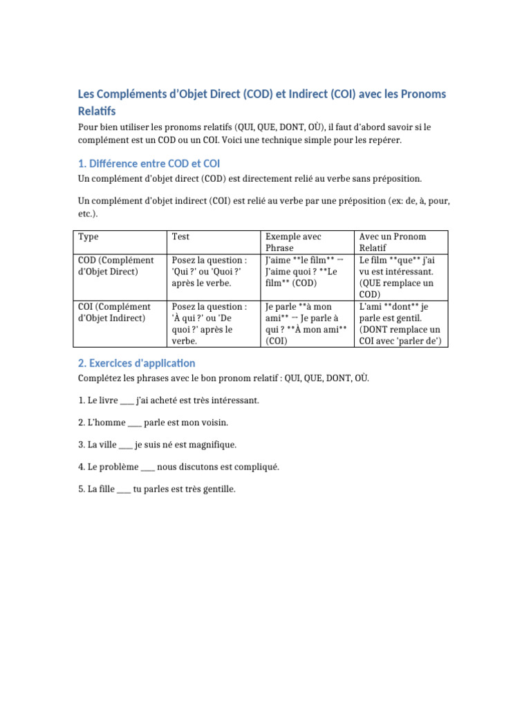 Différence entre COD et COI | PDF