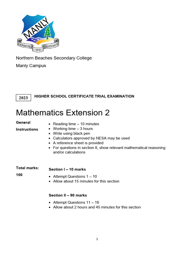 HSC Mathematics Extension 2 Trial Exam 2023 | PDF | Complex Number ...