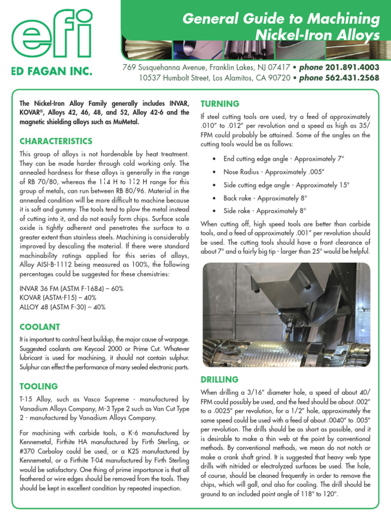 Machining Guide for Nickel-Iron Alloys | PDF | Machining | Drilling