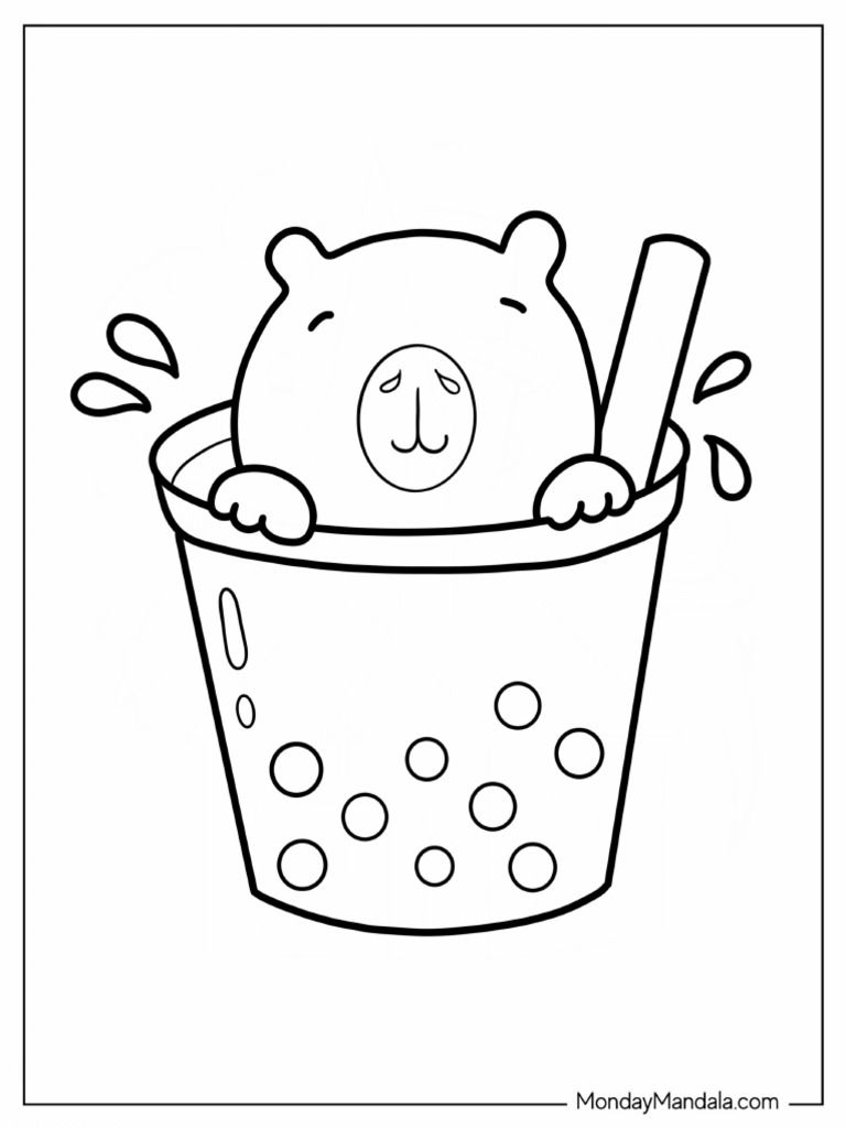 Capybara in Boba Tea Cup Coloring Page | PDF