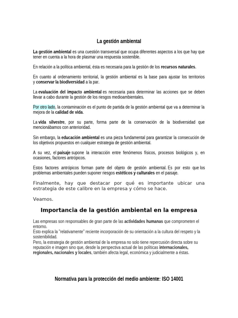 Gestión Ambiental y ISO 14001 en Empresas | PDF | Entorno natural ...