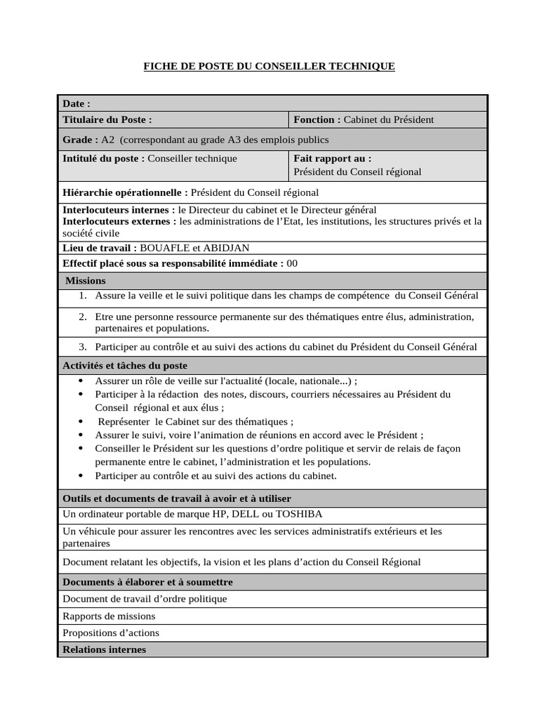 Fiche de Poste : Conseiller Technique | PDF