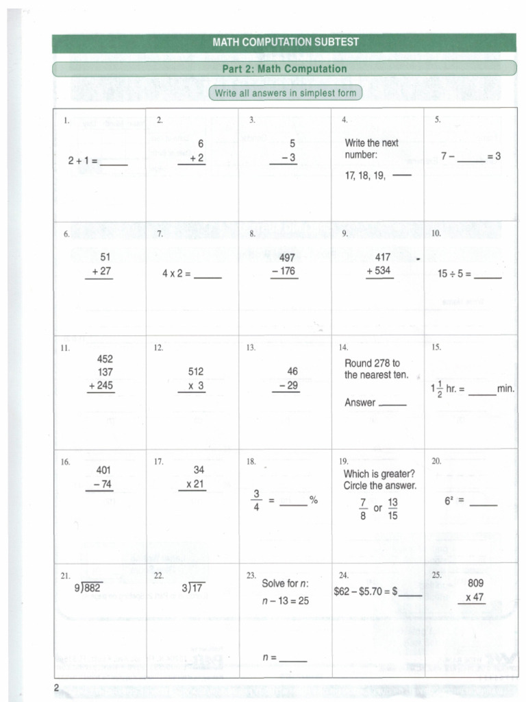 Math Computation Practice Test | PDF