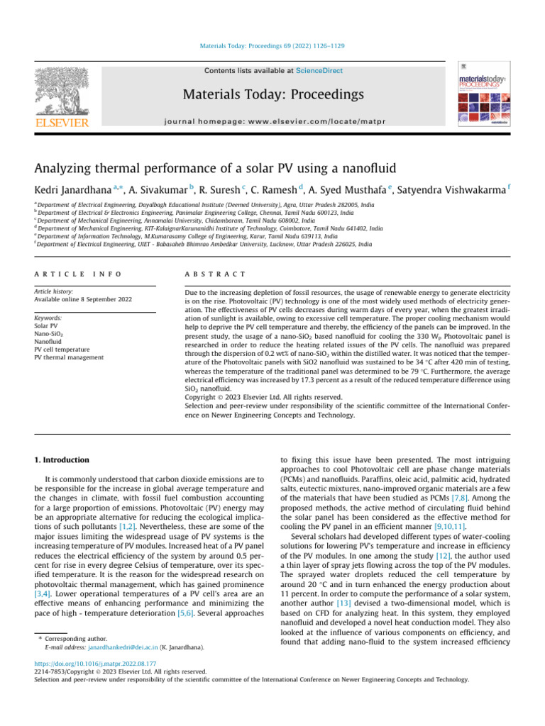 Analyzing Thermal Performance of A Solar PV Using A Nanofluid | PDF ...
