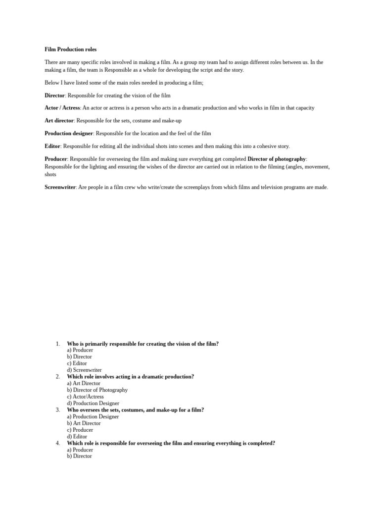 Film Production Roles | PDF | Film Director | Filmmaking