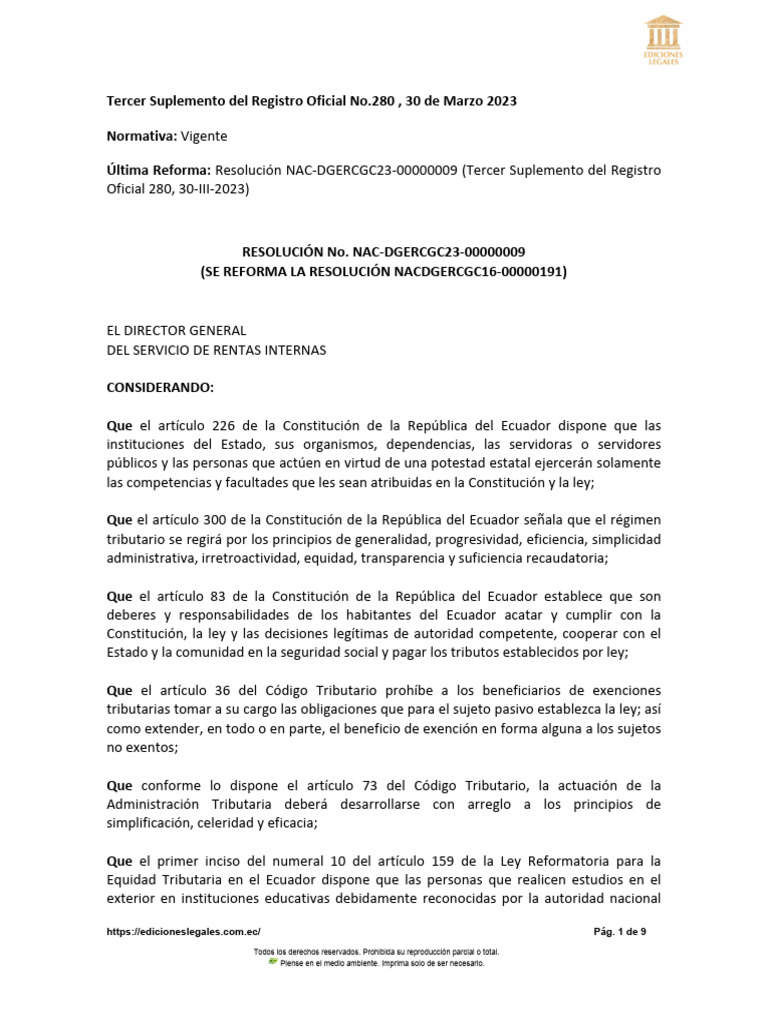 Reforma a la Resolución NAC-DGERCGC16-00000191 | PDF | Impuestos ...