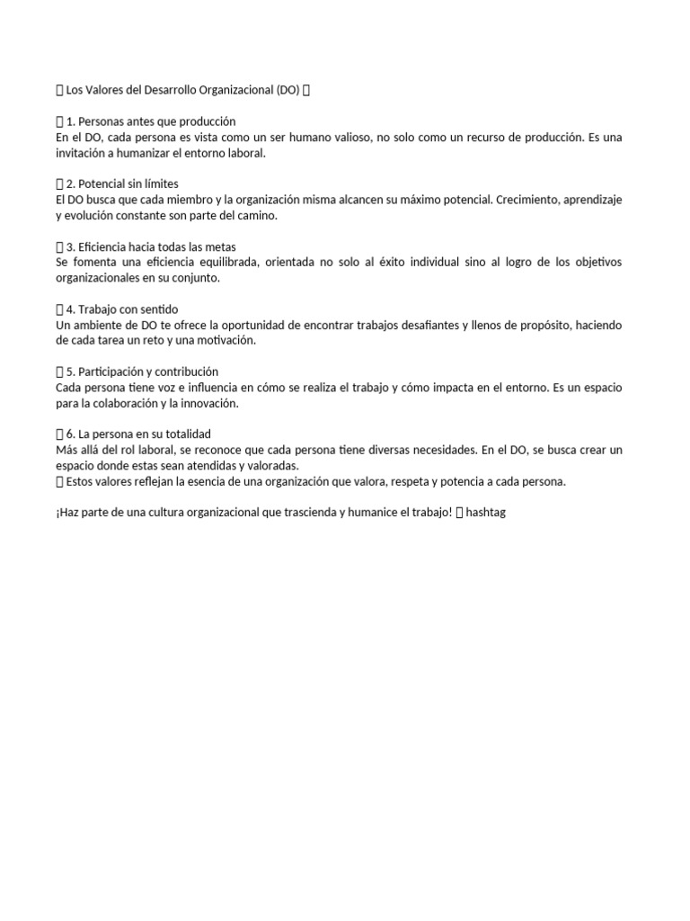 Los Valores Del Desarrollo Organizacional | PDF