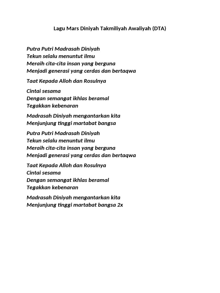 Mars Madrasah Diniyah Takmiliyah | PDF