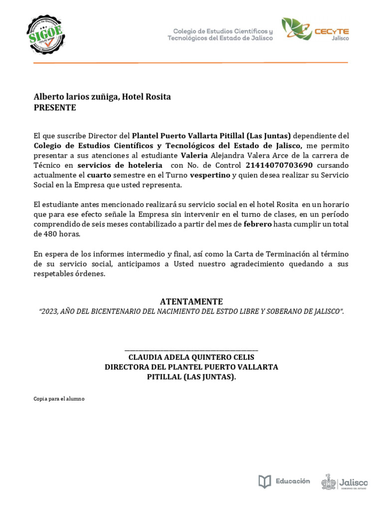 Carta de Presentación de Servicio Social (DPE-PR05-F03-8.6) - 0 | PDF