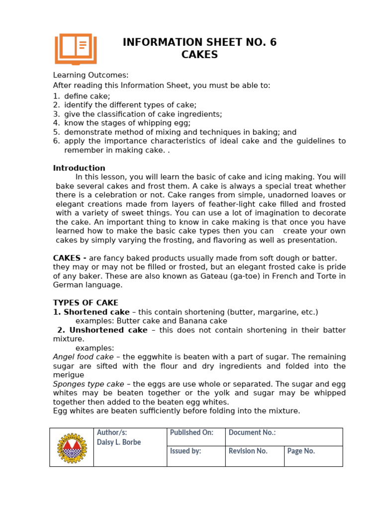 Information Sheet No. 6 - Cakes | PDF | Cakes | Baking