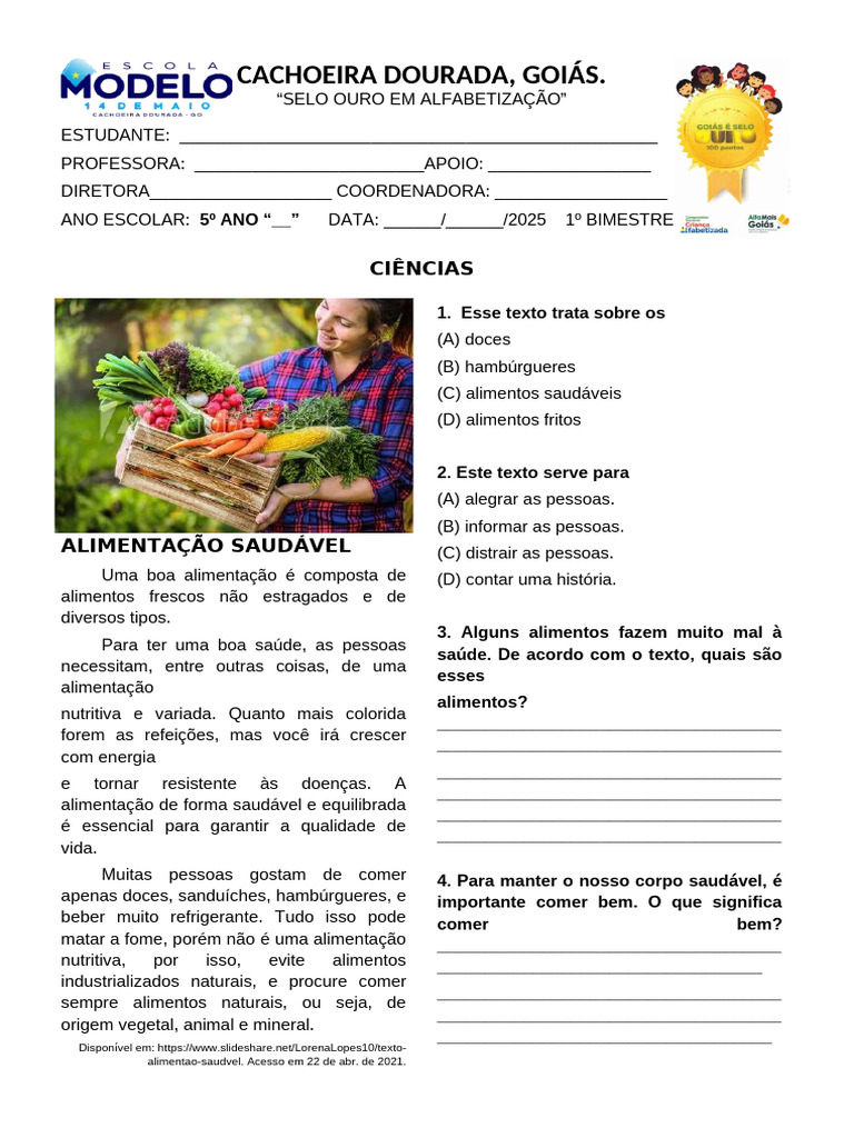 Atividades sobre Alimentação Saudável 5º Ano | PDF | Alimentos