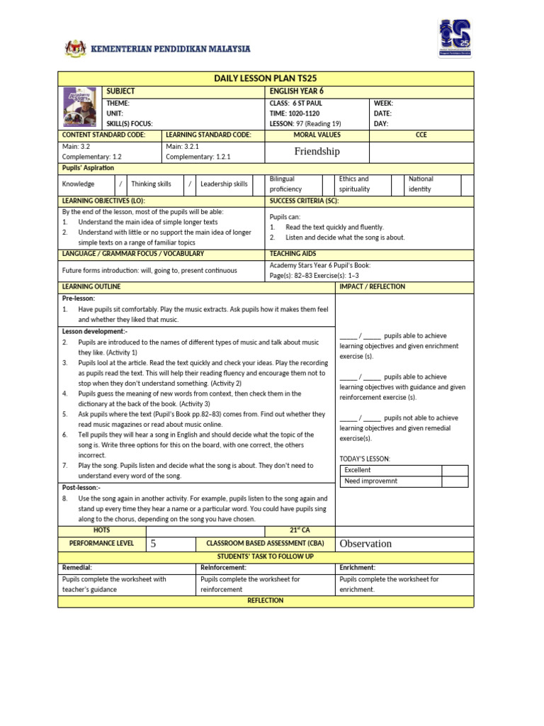 BI Y6 LP TS25 (Unit 7 - Music and Song - LP 97 - 112) | PDF | Lesson ...