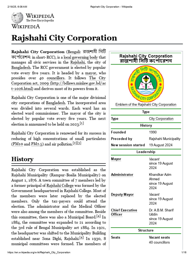 Rajshahi City Corporation Wards Overview | PDF