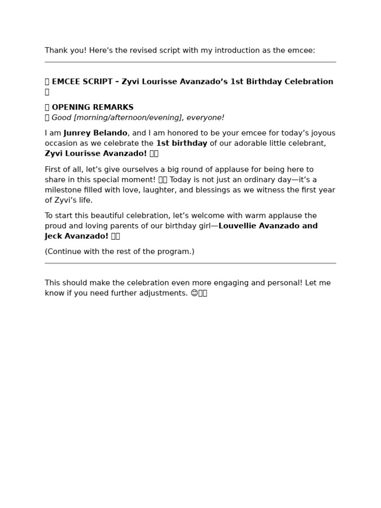 Emcee Script for Zyvi's 1st Birthday | PDF