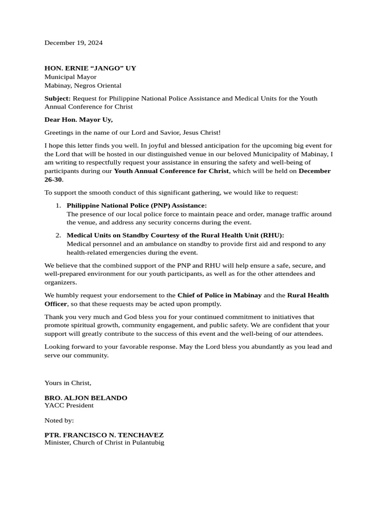 Request for PNP and Medical Support for Youth Conference | PDF