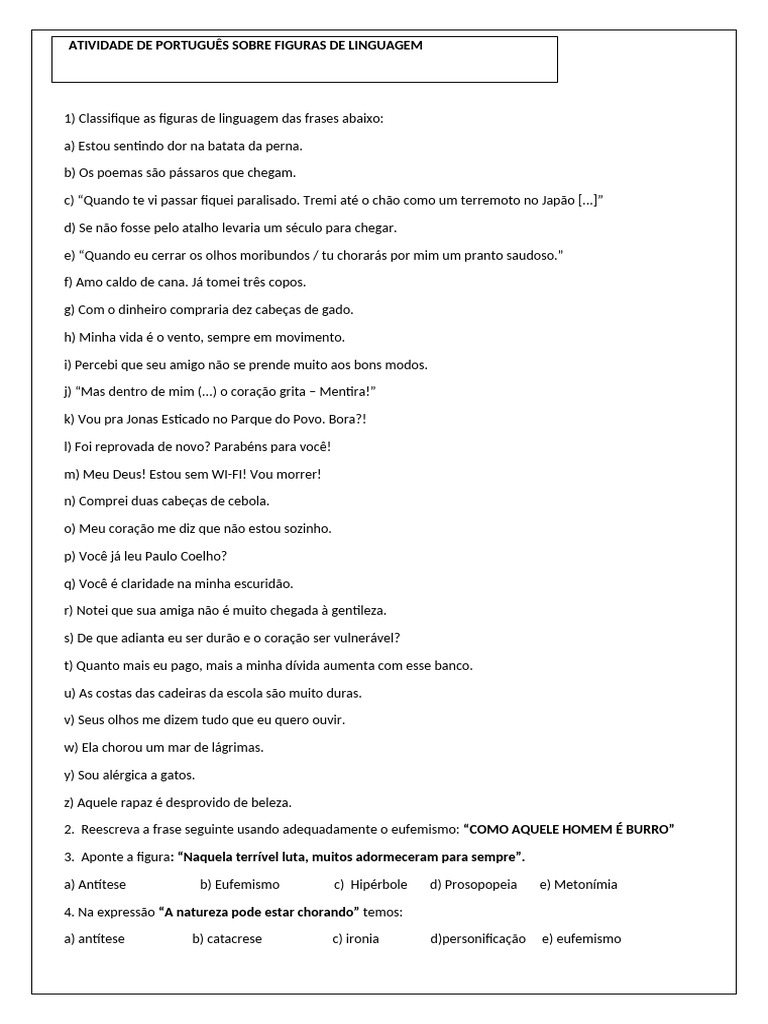 Figuras de Linguagem em Atividades de Português | PDF | Metáfora