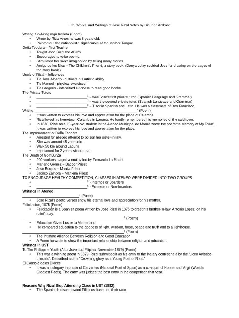 M25 Life, Works, and Writings of Jose Rizal Notes | PDF | Tagalog Language