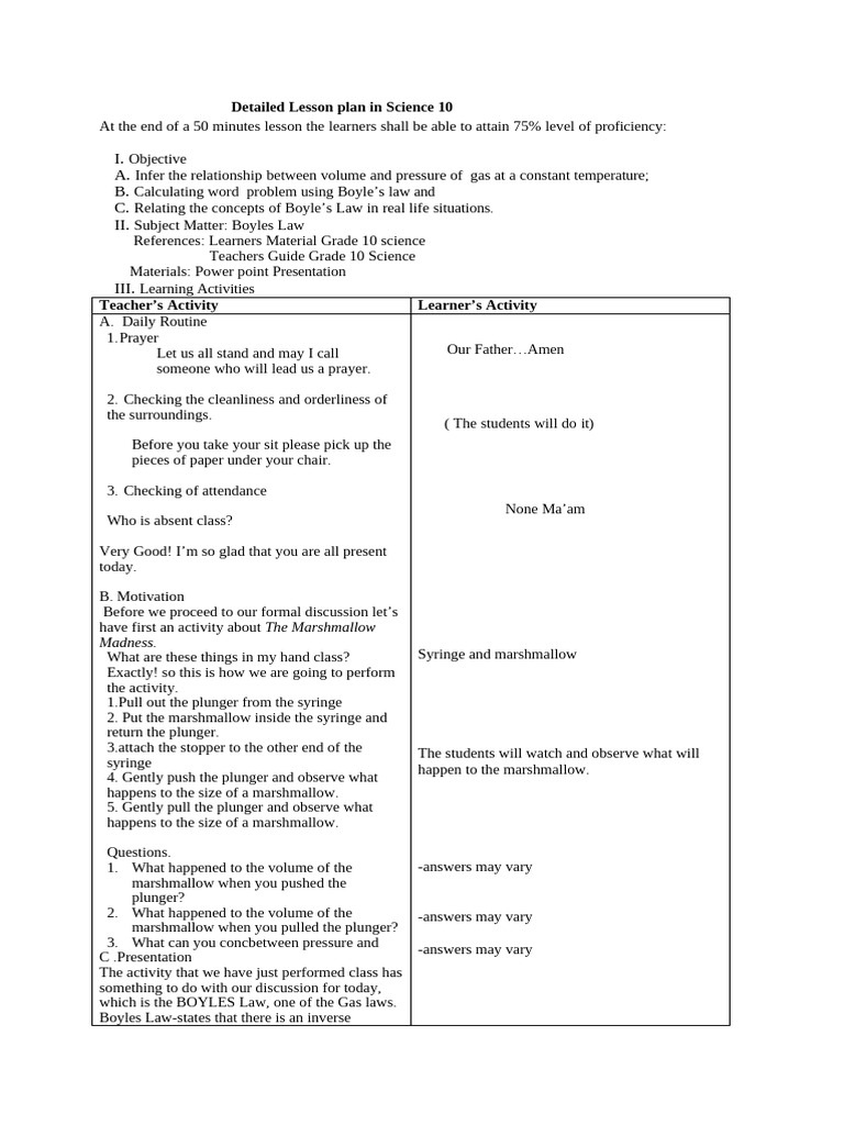 Science 10 Lesson Plan: Boyle's Law | PDF | Gases | Pressure