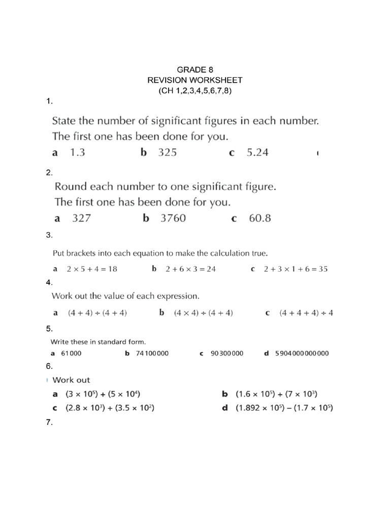 G8 REVISION WS CH 1 TO 6 With Answers | PDF
