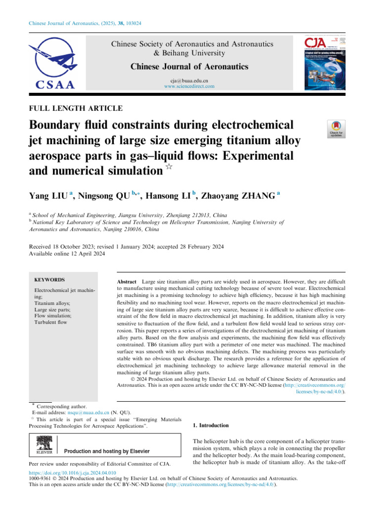 Electrochemical Jet Machining of Titanium Alloys | PDF | Machining | Force