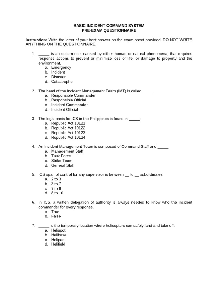 Basic ICS Pre-Exam Questionnaire | PDF | Incident Command System ...