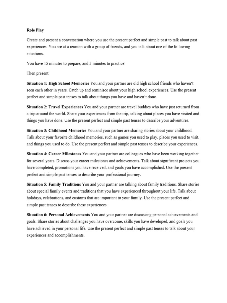 Role Play: Past Experiences Dialogue | PDF