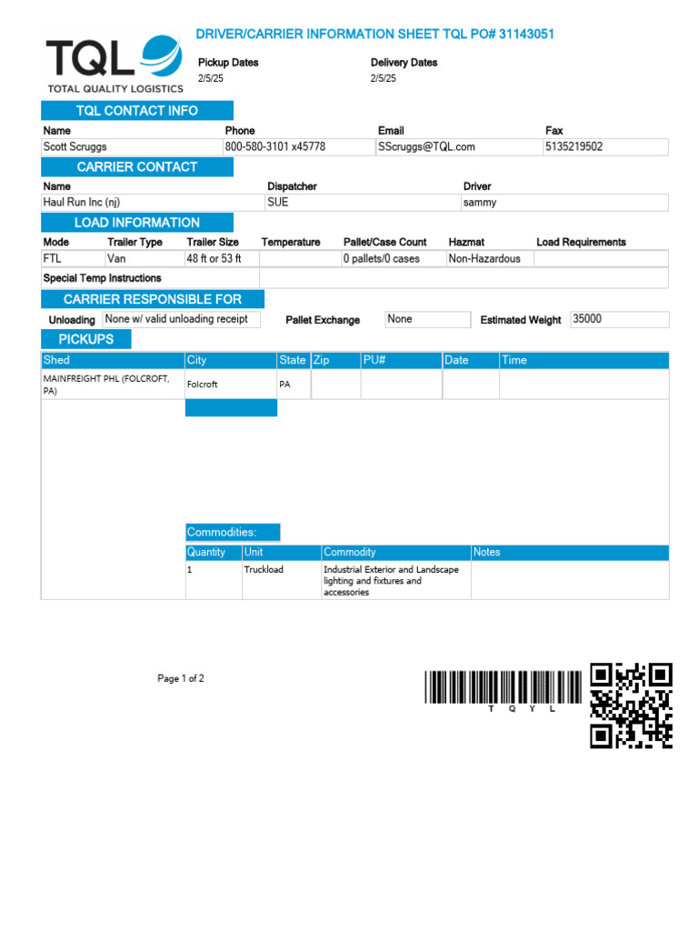 TQL Contact Info: Driver/Carrier Information Sheet TQL Po# 31143051 ...