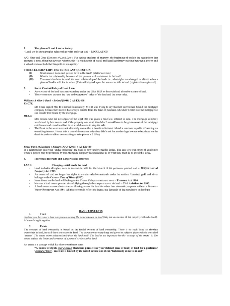 Land Law Notes for LLB Students | PDF | Leasehold Estate | Lease