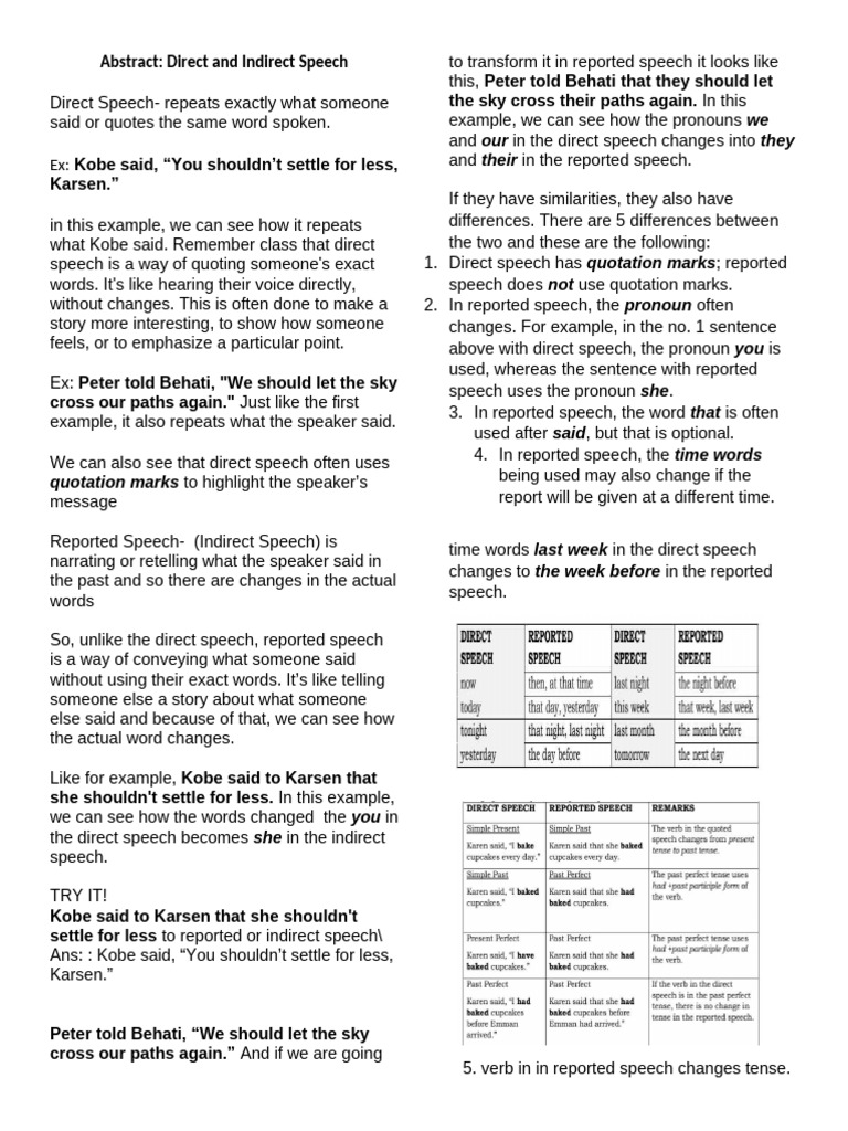 Direct vs Indirect Speech Guide | PDF | Linguistics | Grammar