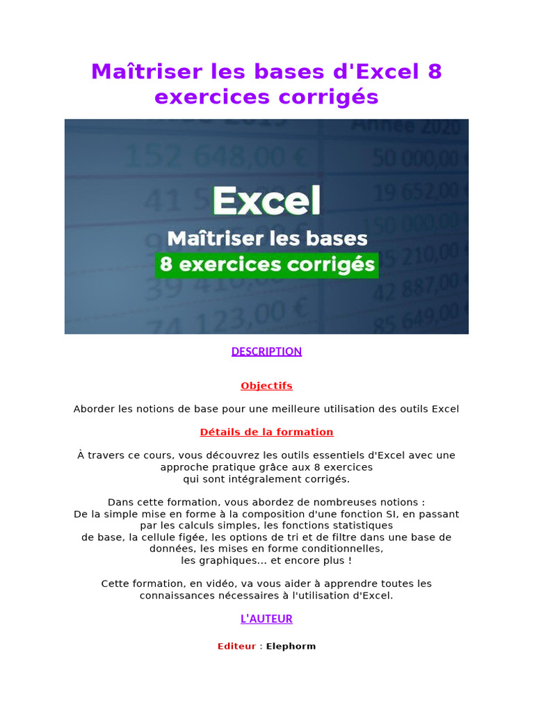 Excel 8 : Exercices Corrigés Pratiques | PDF