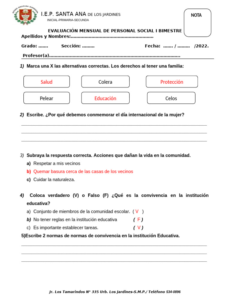 EXAMEN MENSUAL DE Personal Social 1 | PDF